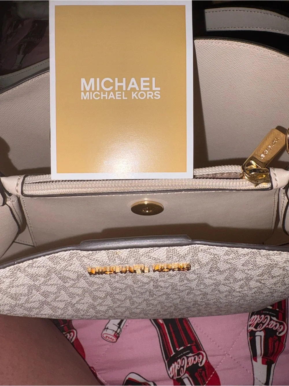 Michael Kors Signature Logo Tote in Beige and White with Gold Hardware